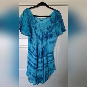 NWOT Turquoise Blue Tie-Dye Boho Top With Embroidery. Multiple Sizes